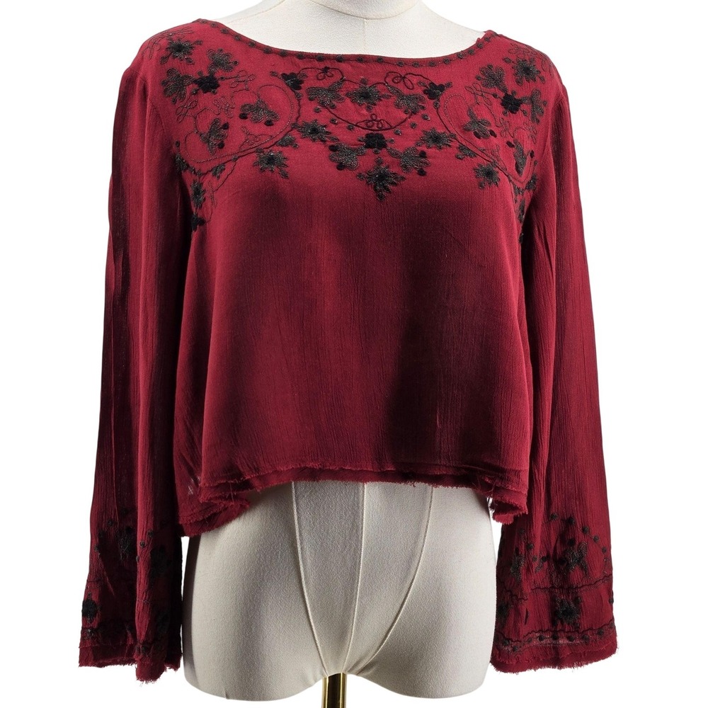 Free People Blouse Womens 18 Red Cropped Embroidered Lightweight Rayon Relaxed